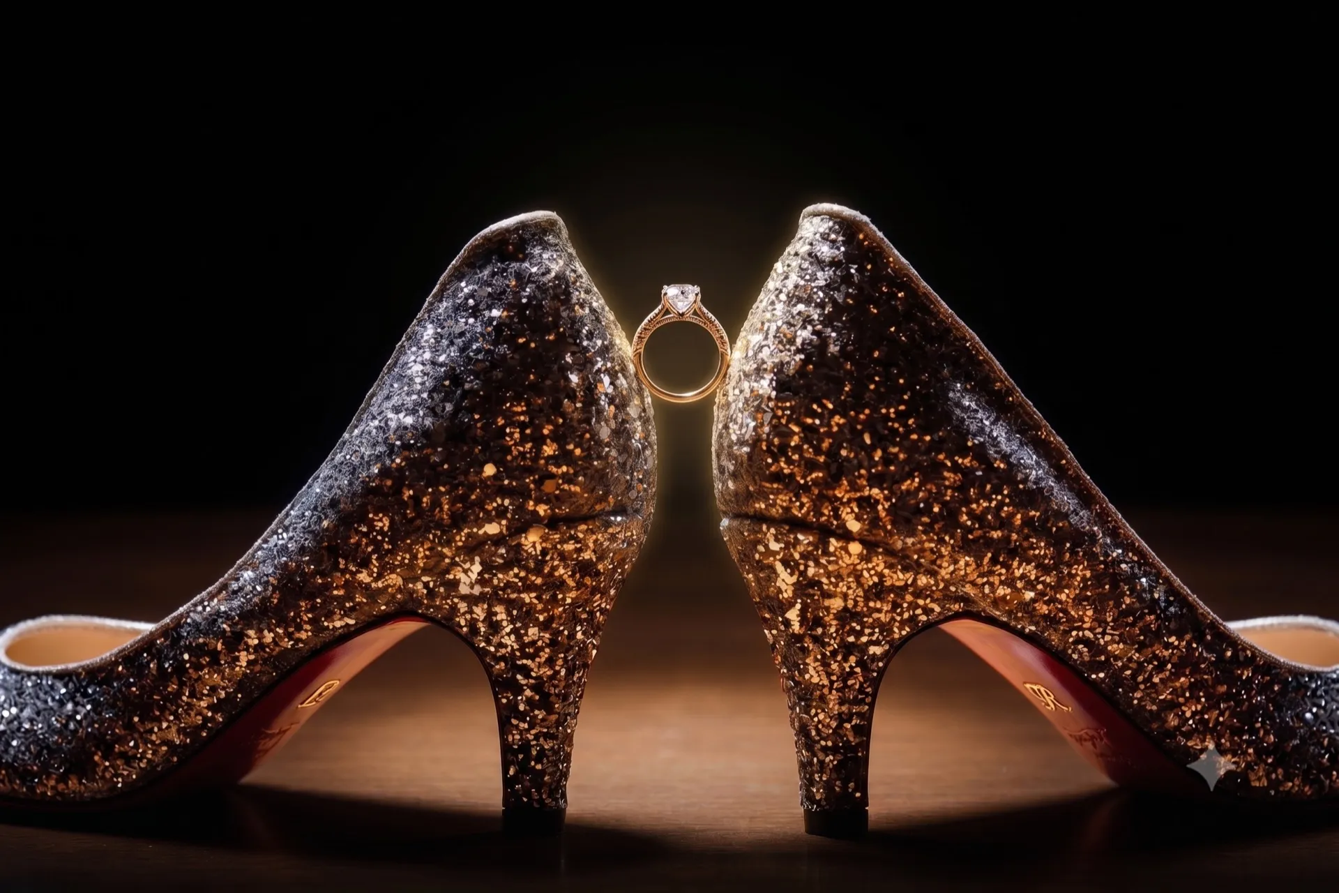 Scarpe da sposa glitterate e anello di fidanzamento — preparazione del primo ballo da VW Dance